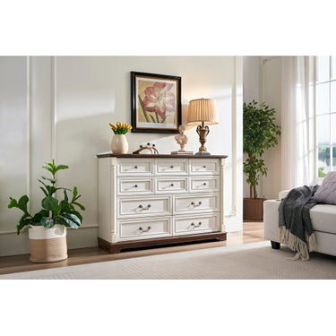 10 Drawer Dresser Chest For Bedroom With Wooden Base And Riser Trim